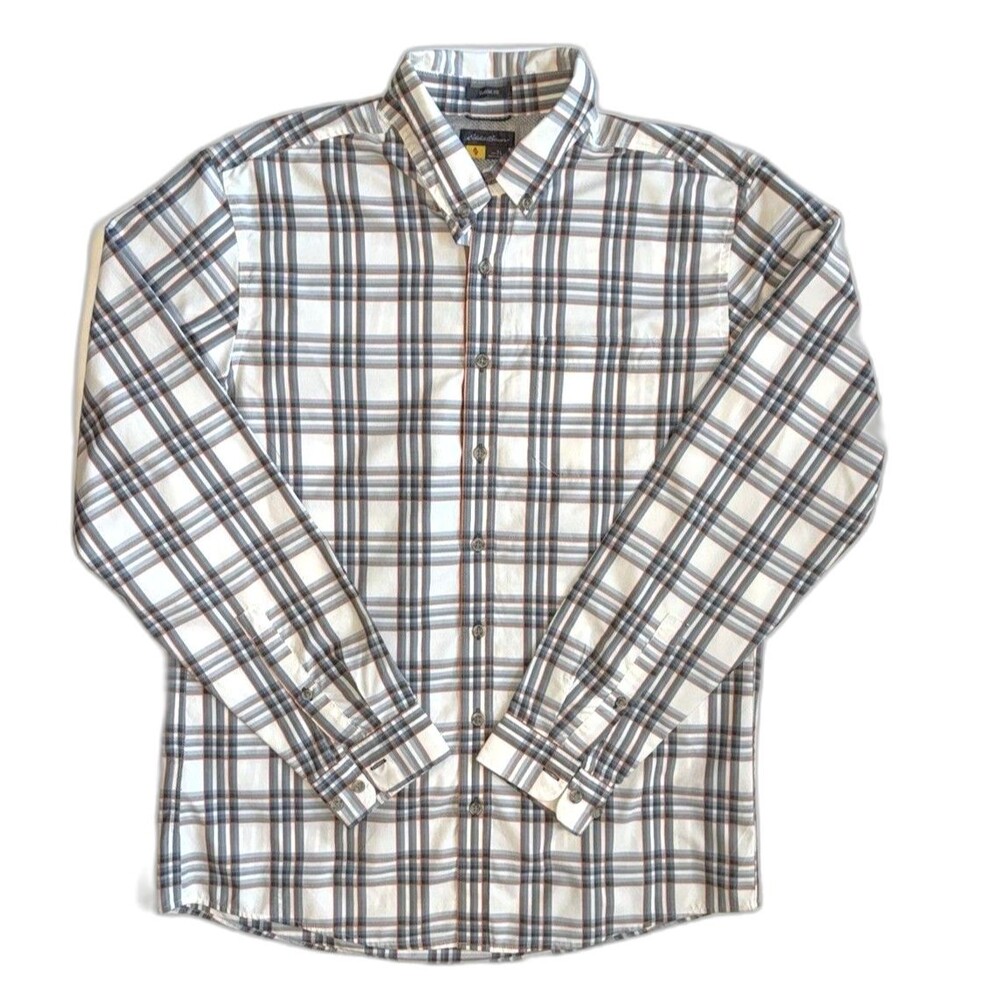 Eddie Bauer Mens Shirt Large Tall LT Plaid Button Down Long Sleeve Cotton Blue
